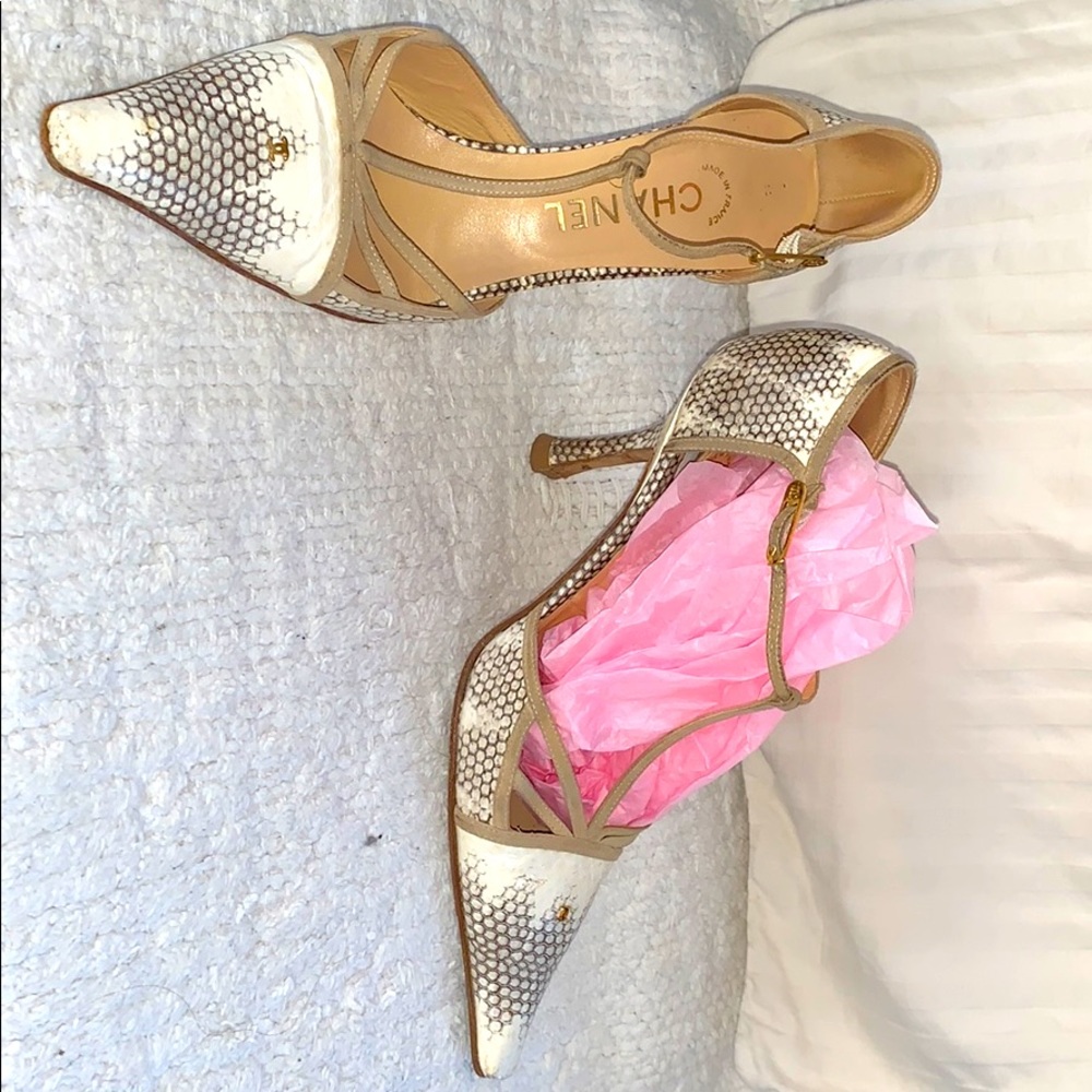Chanel T Strap leather and suede heels 37
